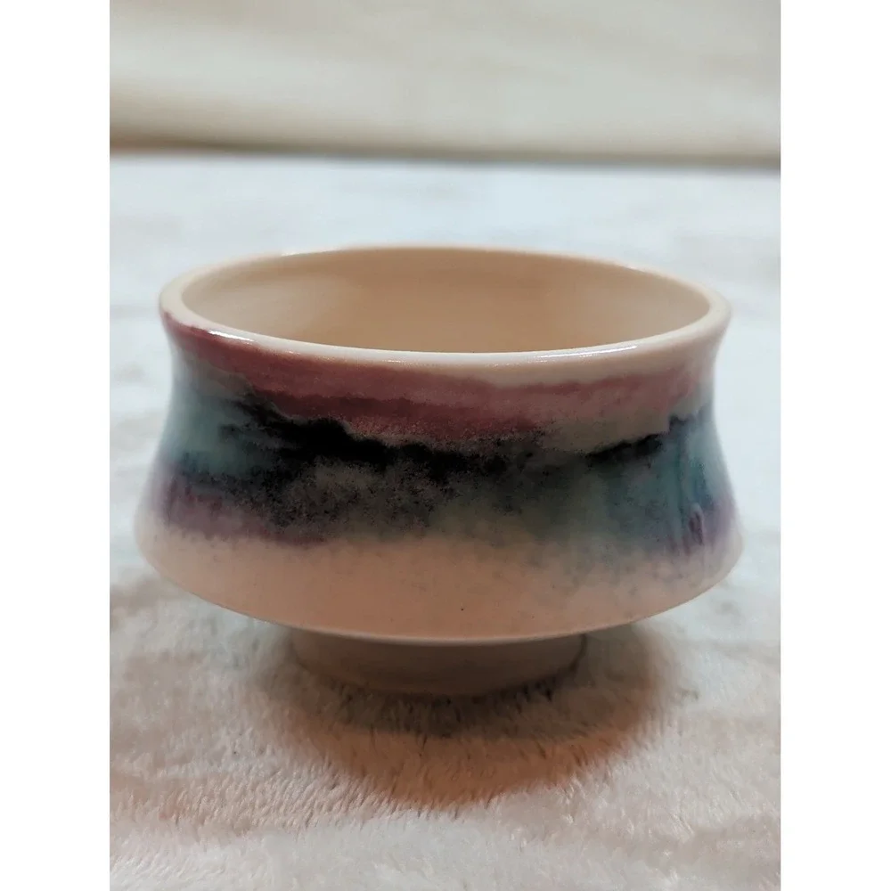 Vintage Studio Pottery‎ Tea Bowl Glazed Ceramic Small Planter Purple Blue Cream